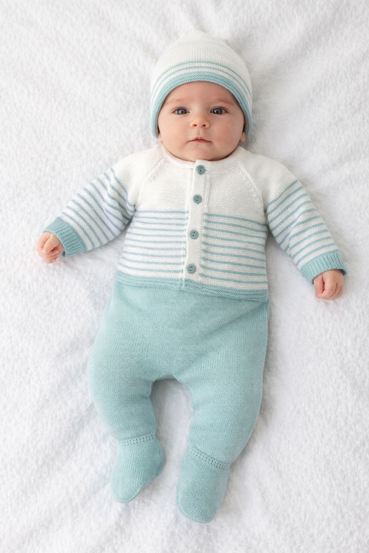 Conjunto de hilo para bebé verde agua 3 piezas – Jersey, polaina y gorrito