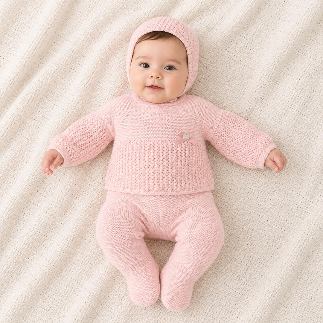 Conjunto de Punto Bebé Rosa  Calado con Capota – 3 Piezas