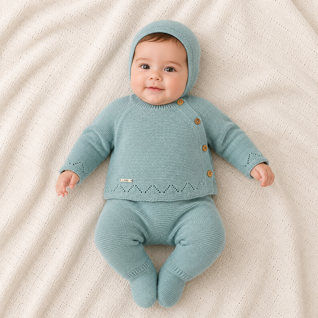 Conjunto de Punto para Bebé con Capota – Verde Agua