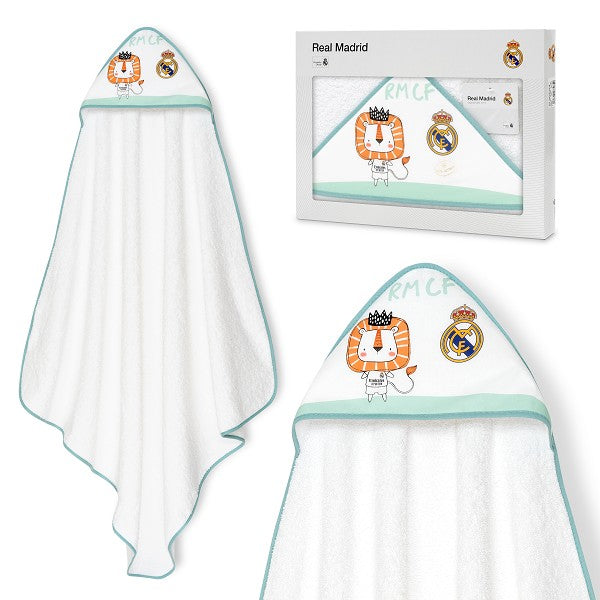 Capa de baño blanca con borde mint, capucha con diseño de león y logo de Real Madrid en colores naranja y dorado.