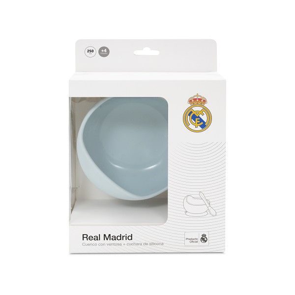 Cuenco azul de silicona con cuchara a juego, con logo oficial del Real Madrid, en caja blanca con detalles dorados.