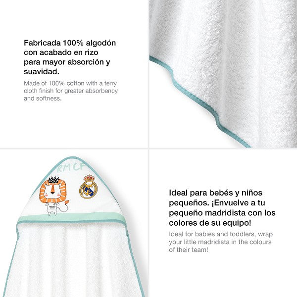Capa de baño blanca con borde mint y capucha con logo y león en estilo infantil del Real Madrid.