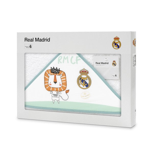 Capa de baño blanca con borde mint, diseño de león con corona y escudo de Real Madrid estampados.