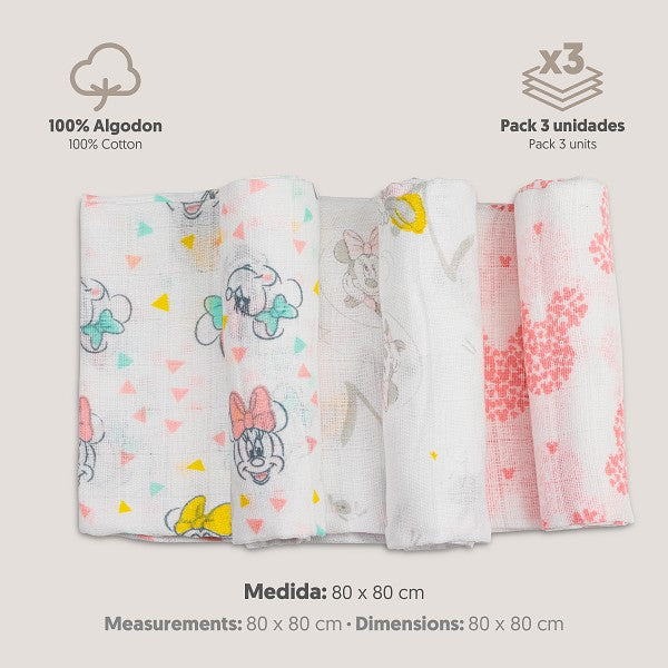 Pack de tres muselinas de algodón con estampados infantiles en tonos rosa, blanco y detalles de Minnie Mouse y elefantes,.