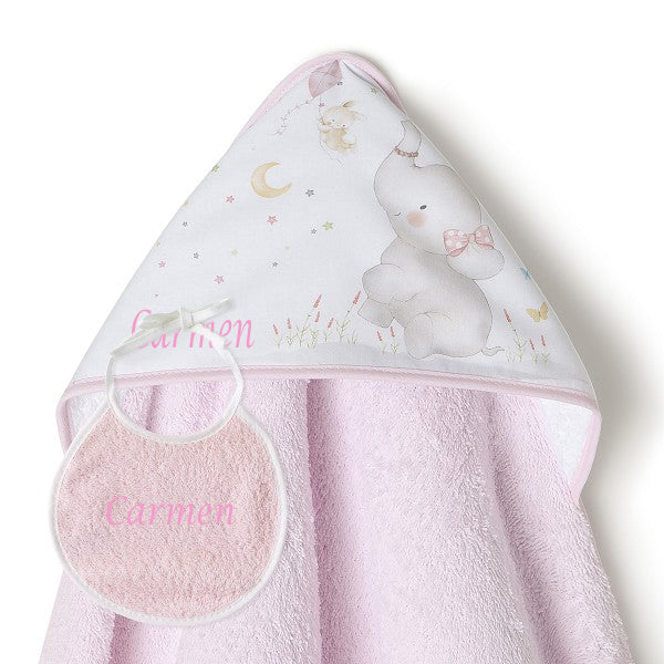 Capa de Baño Bebé + Babero Personalizado | Elefantito Rosa