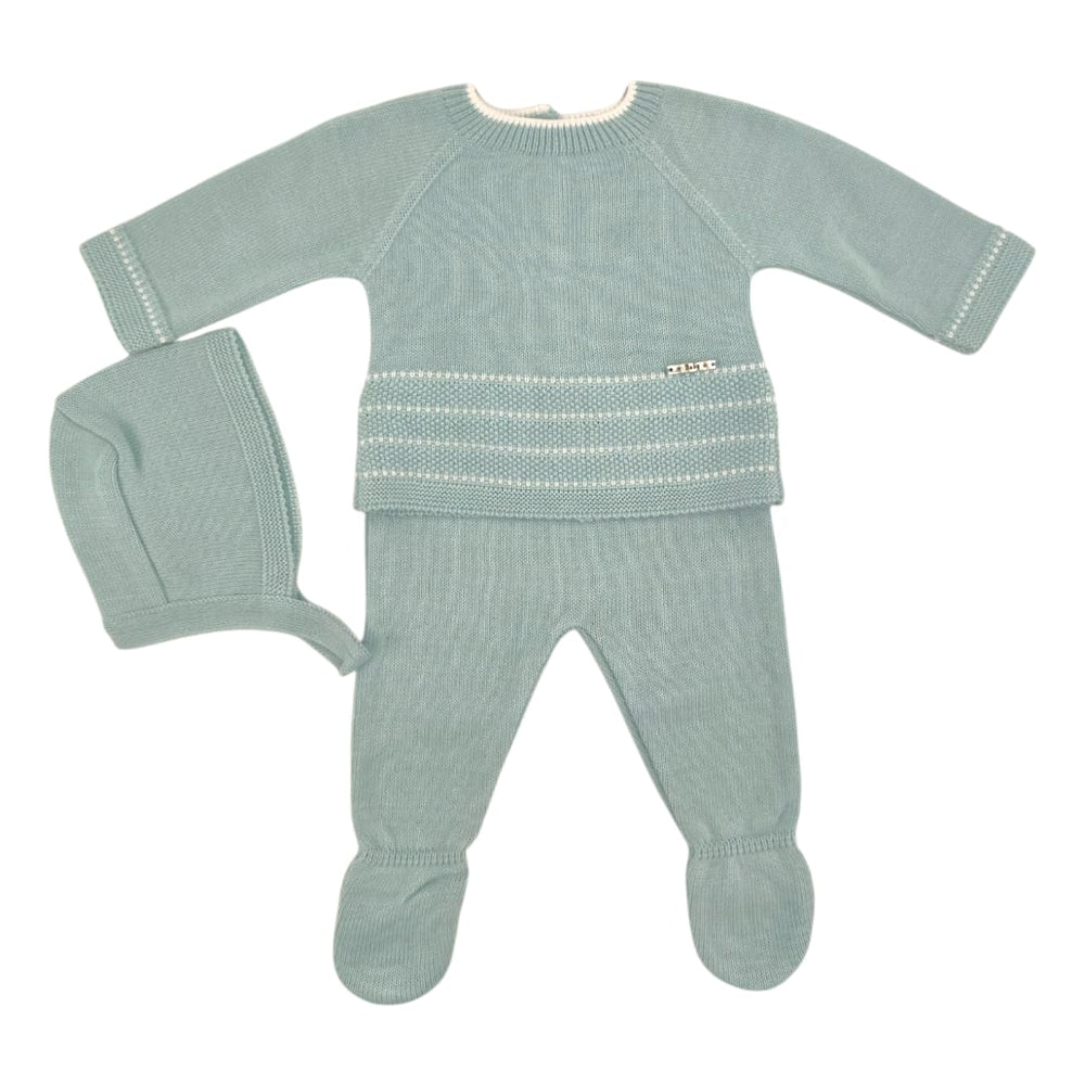 Conjunto de punto para bebé mint con suéter, pantalón con pie y gorro a juego, diseño delicado y suave.