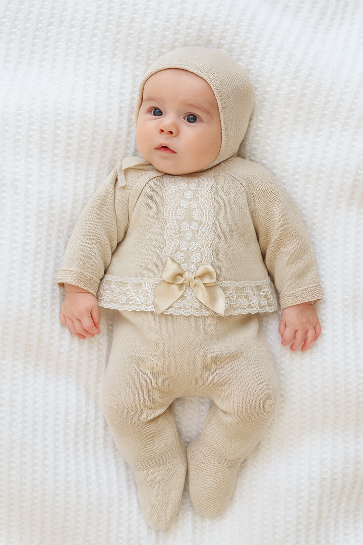 Conjunto de punto Invierno camel con encaje