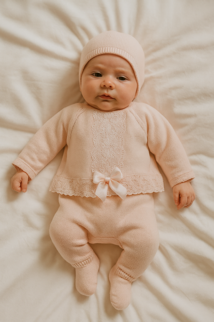 Conjunto de punto Invierno rosa con encaje