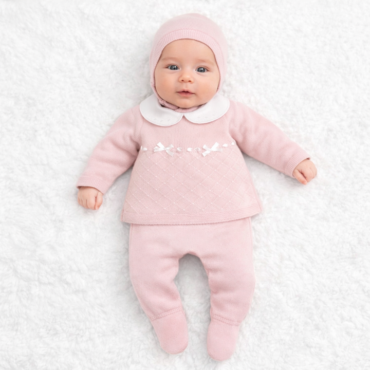 Conjunto Hilo  con cuello blanco y lazos – Rosa