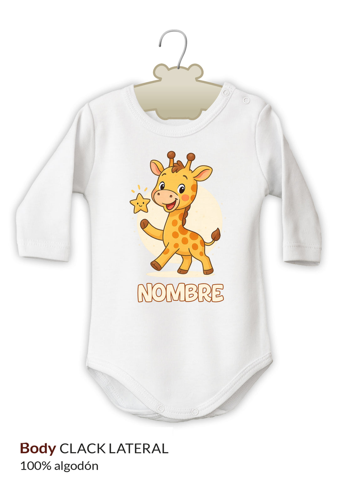 Body blanco de manga larga con ilustración de jirafa y espacio para nombre personalizado en la parte frontal.