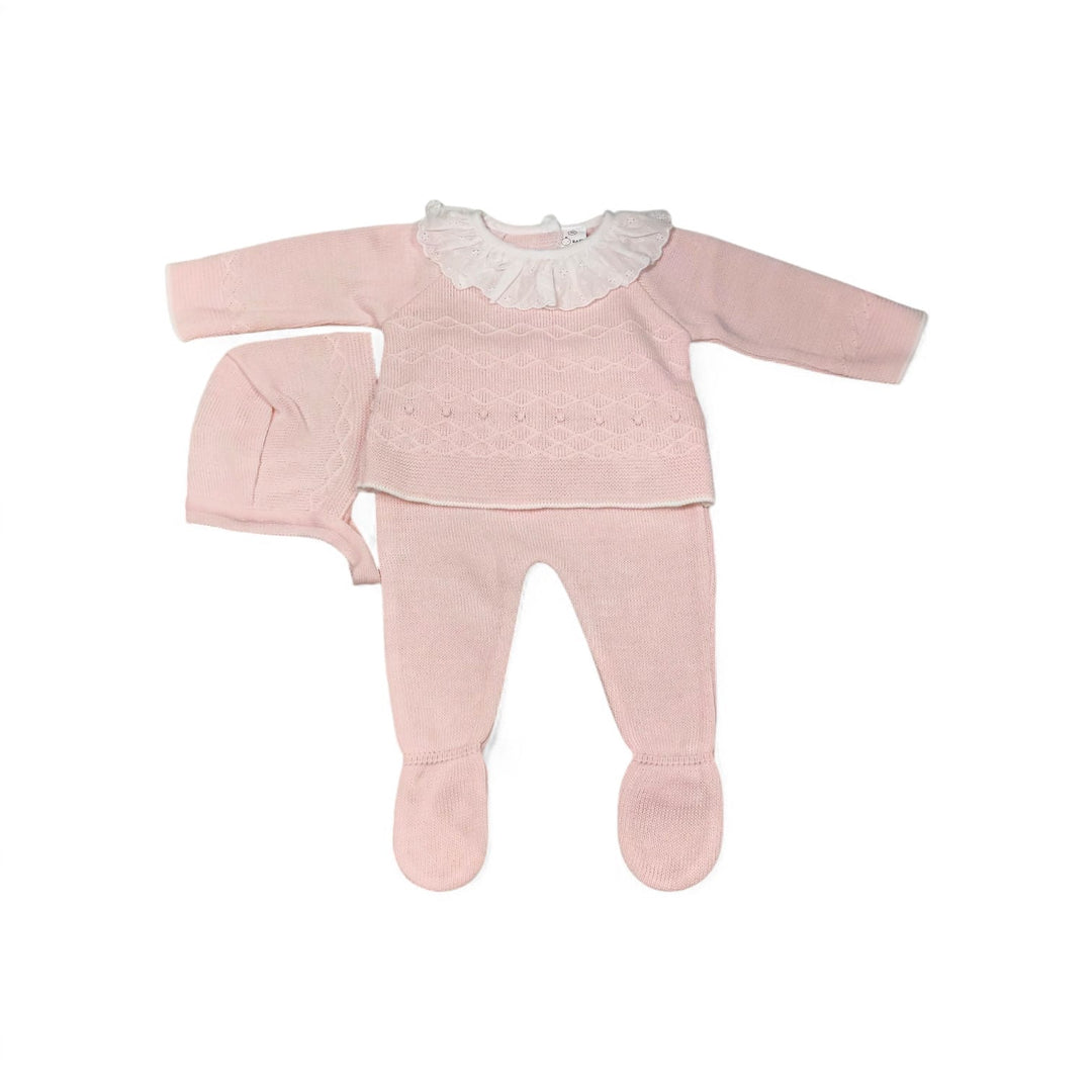 Conjunto de hilo para bebé rosa con cuello volante