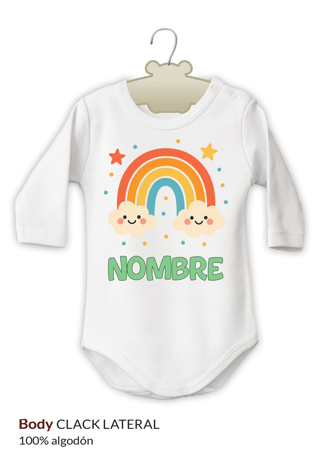 Body blanco de manga larga con diseño de arcoíris y nubes sonrientes en colores vivos, espacio para nombre personalizado en.