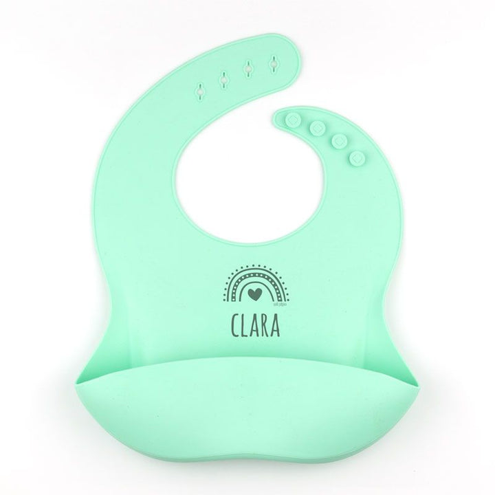 Babero SILICONA Personalizado Nombre + Arcoíris, color a elegir - Mikeko