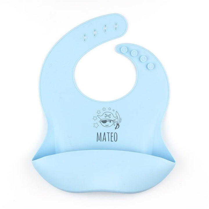Babero SILICONA Personalizado Nombre + Pirata, color a elegir