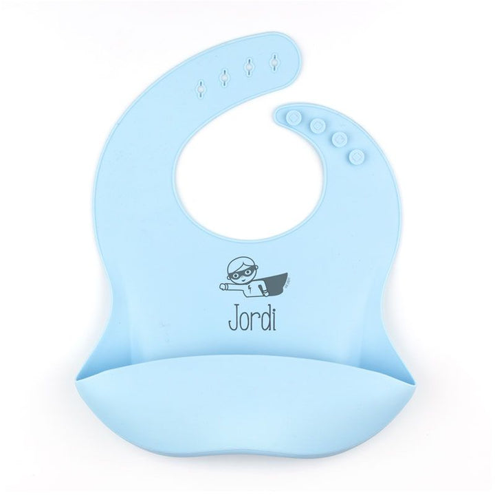 Babero SILICONA Personalizado Nombre + Superhéroe, color a elegir