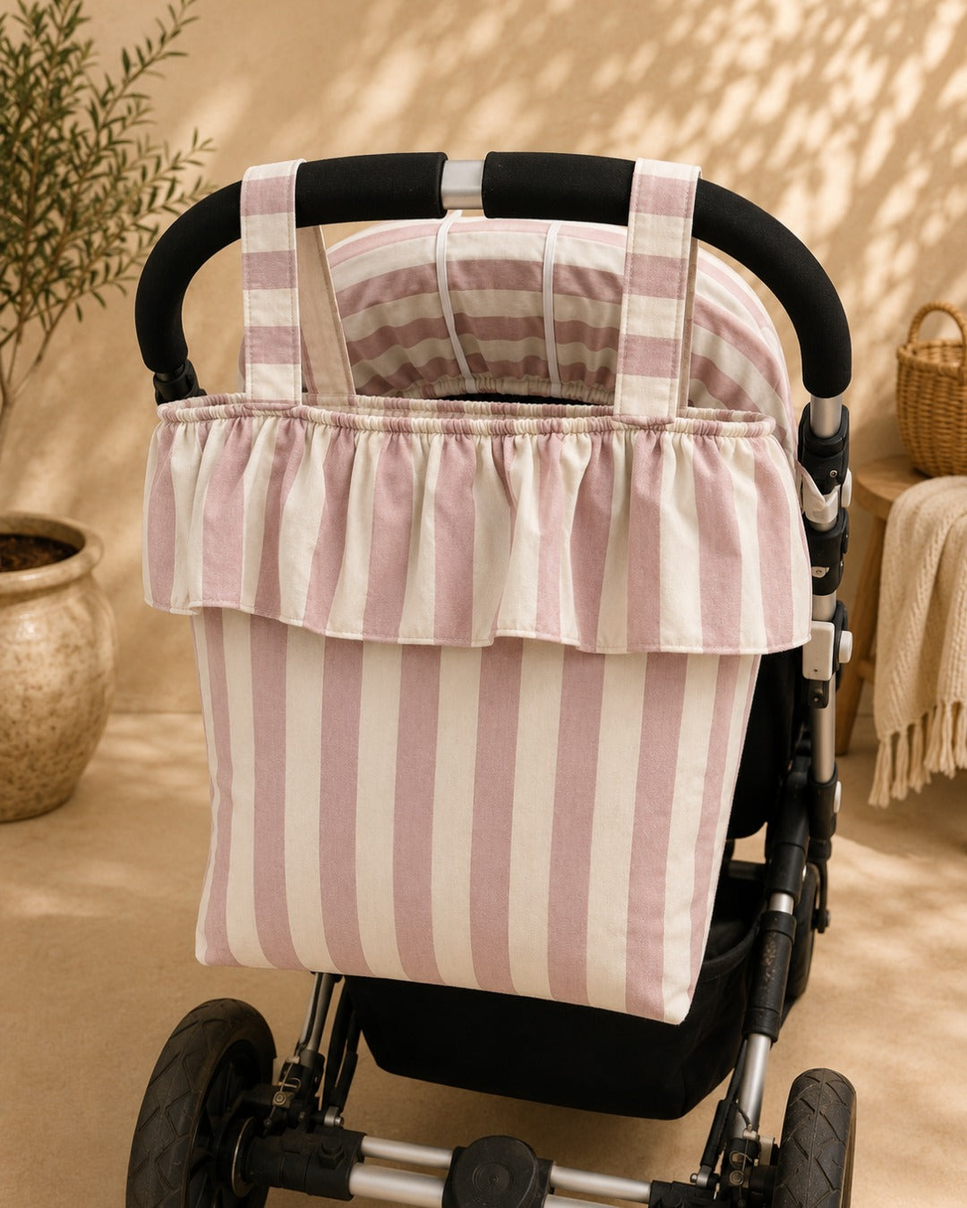 Bolso Organizador para Carrito de Bebé – Rosa con Rayas y Volante