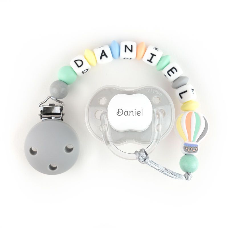 Cajita Chupete Gris + Cadenita de silicona Globo Gris personalizada