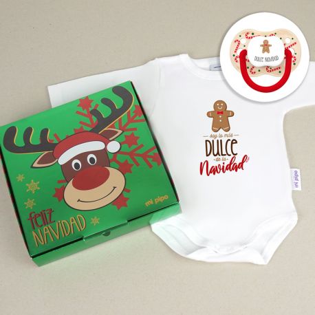 Cajita Navidad Body + Chupete New Classic Beige Bastones Galleta Dulce Navidad - Mikeko