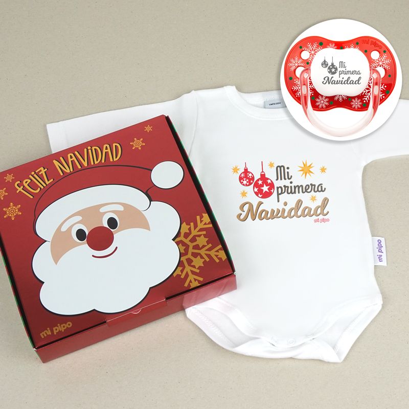 Cajita Navidad Body + Chupete New Classic Rojo Copos Mi primera Navidad Bolas - Mikeko