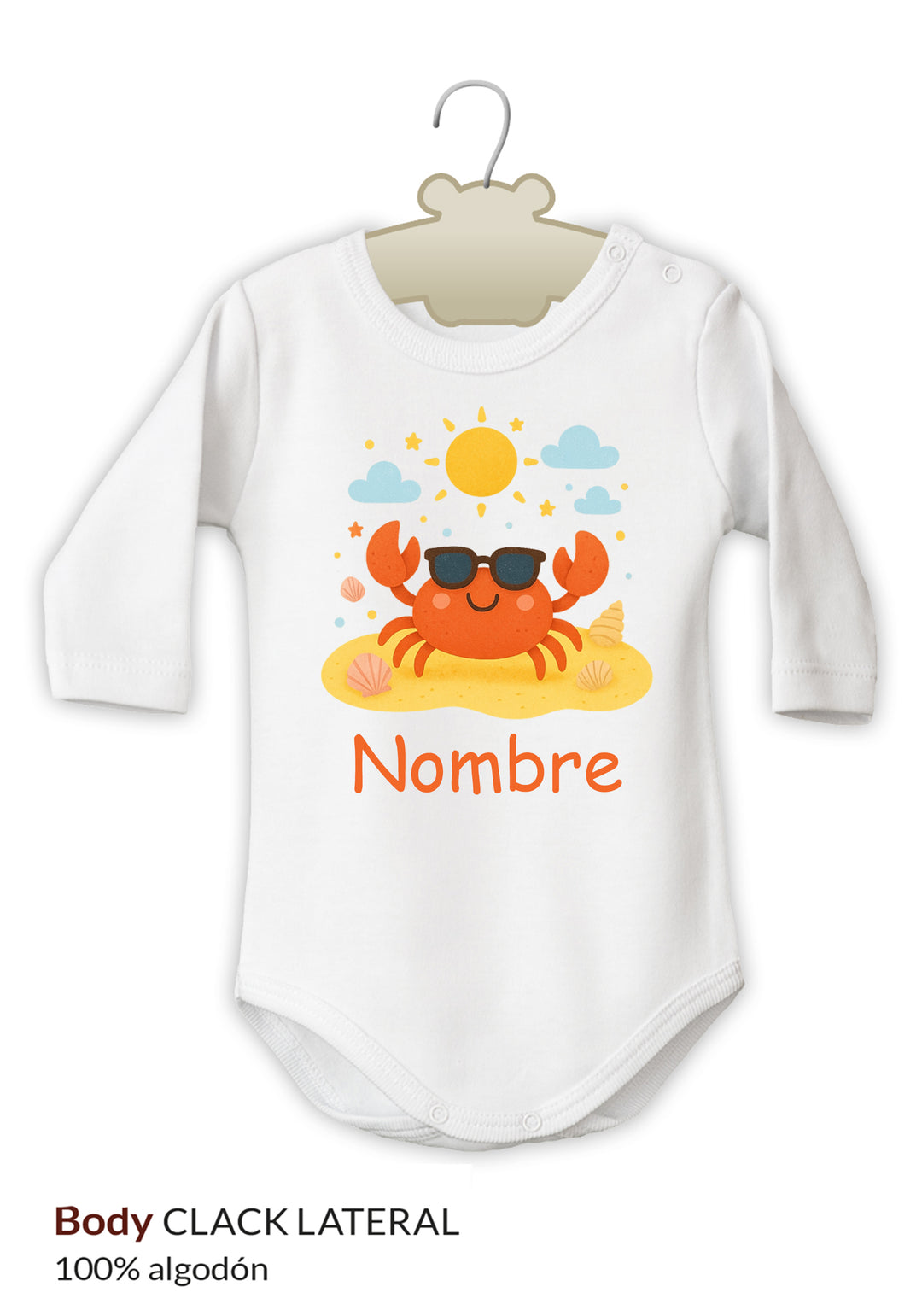 Body blanco de manga larga con diseño de cangrejo naranja con gafas de sol y sol amarillo, espacio para nombre personalizado