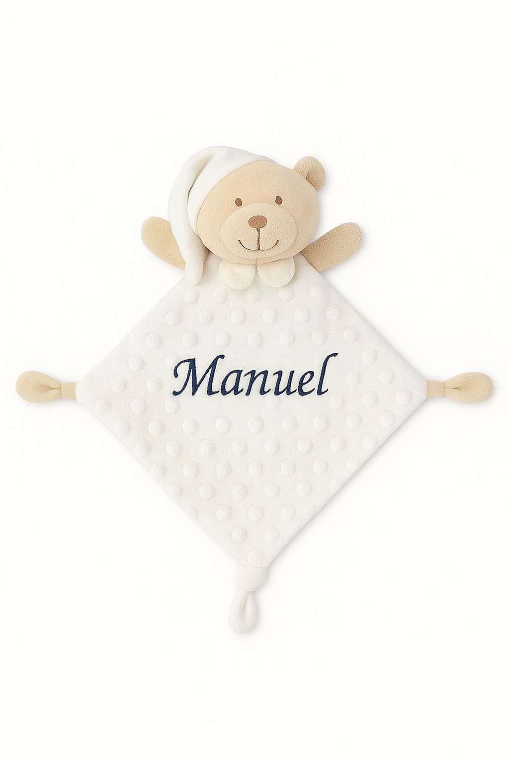 doudou personalizado en color blanco con nombre bordado en azul marino mikeko.es