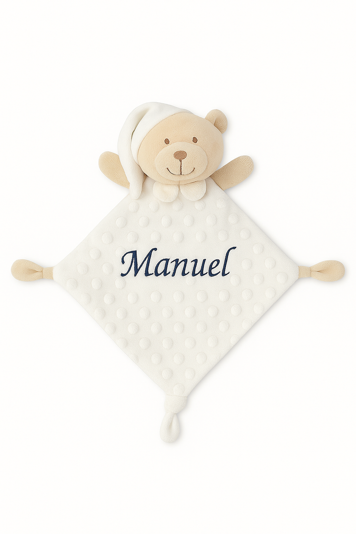 doudou personalizado en color blanco con nombre bordado en azul marino mikeko.es