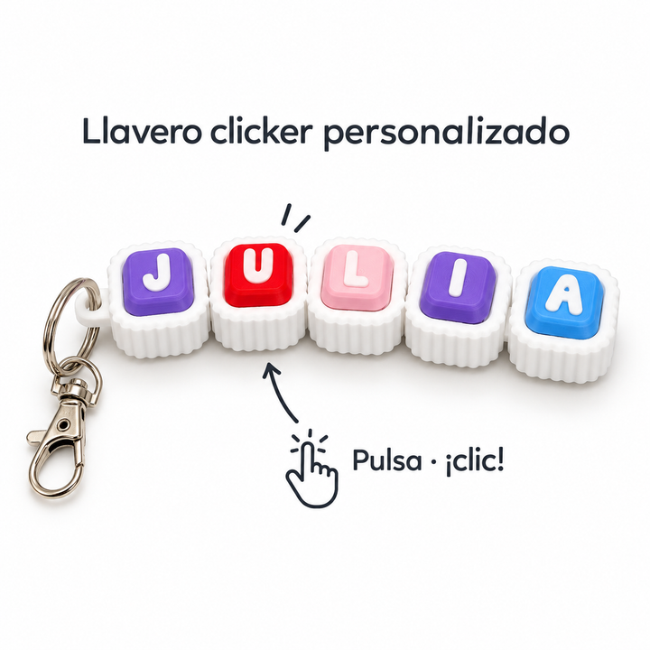 Llavero clicker personalizado con nombre y teclas de colores