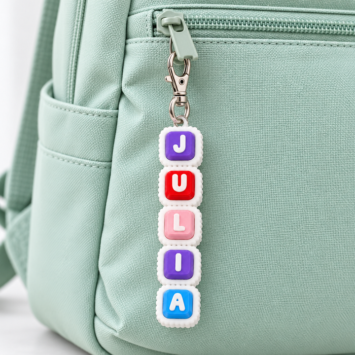 Llavero clicker personalizado con nombre y teclas de colores
