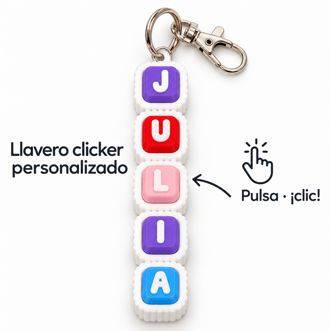 Llavero clicker personalizado con nombre y teclas de colores