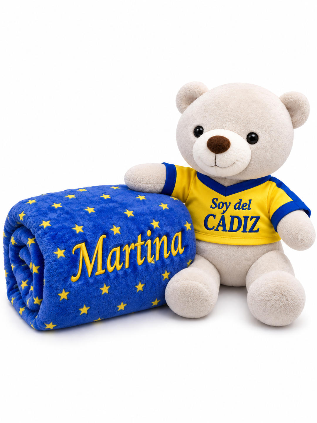 Osito «Soy del Cádiz» con mantita personalizada bordada