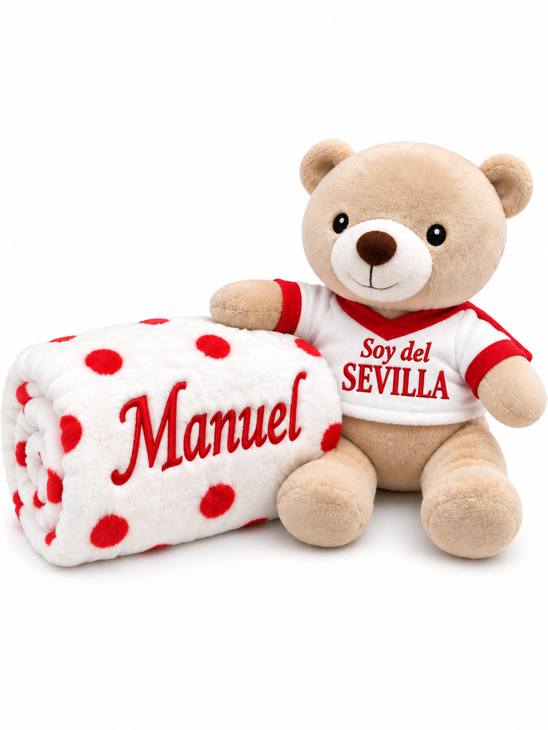 Manta personalizada con osito «Soy del Sevilla» – Nombre bordado