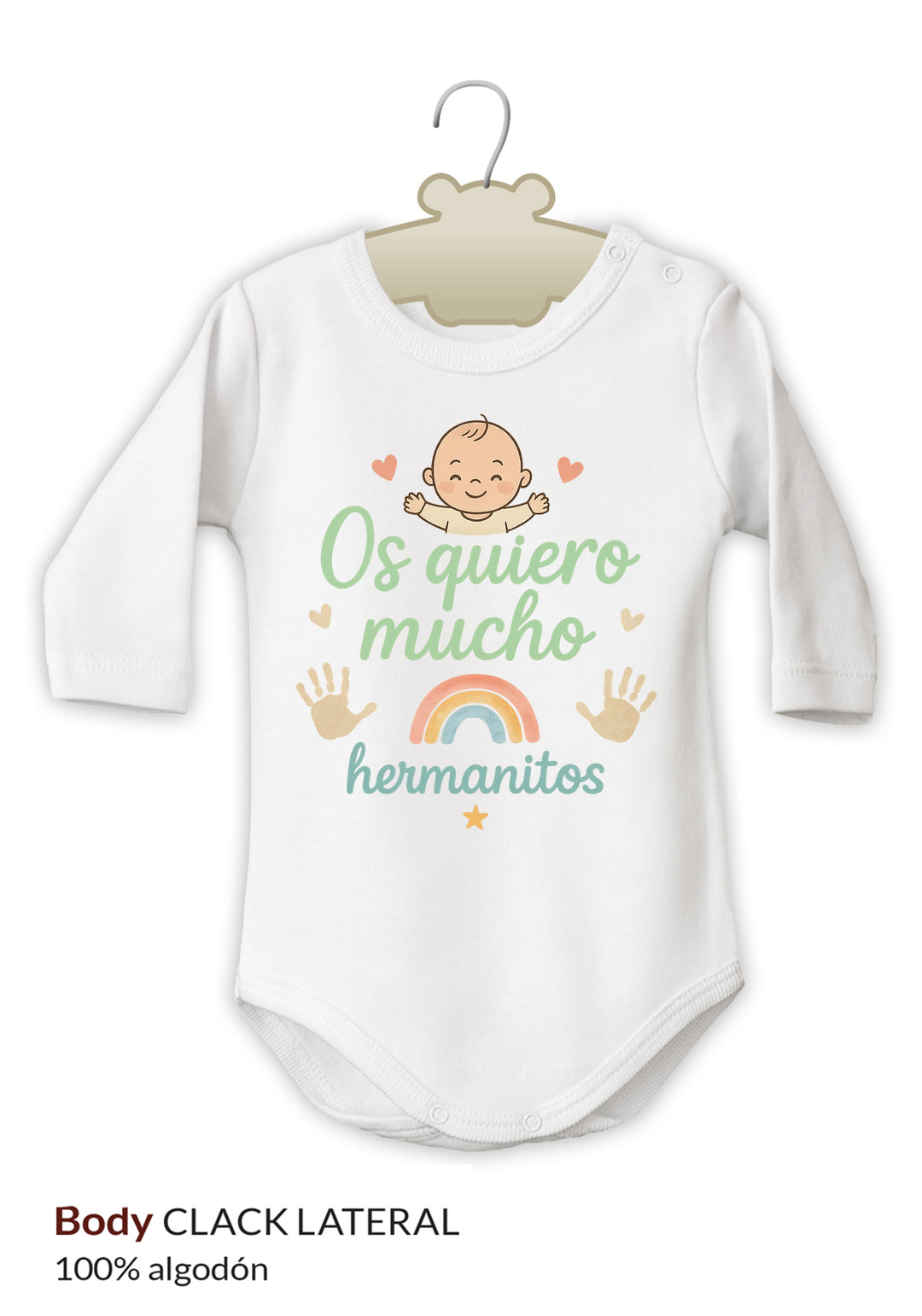 Body blanco de manga larga para bebé con texto "Os quiero mucho hermanitos", dibujo de bebé sonriente y manitas de colores.