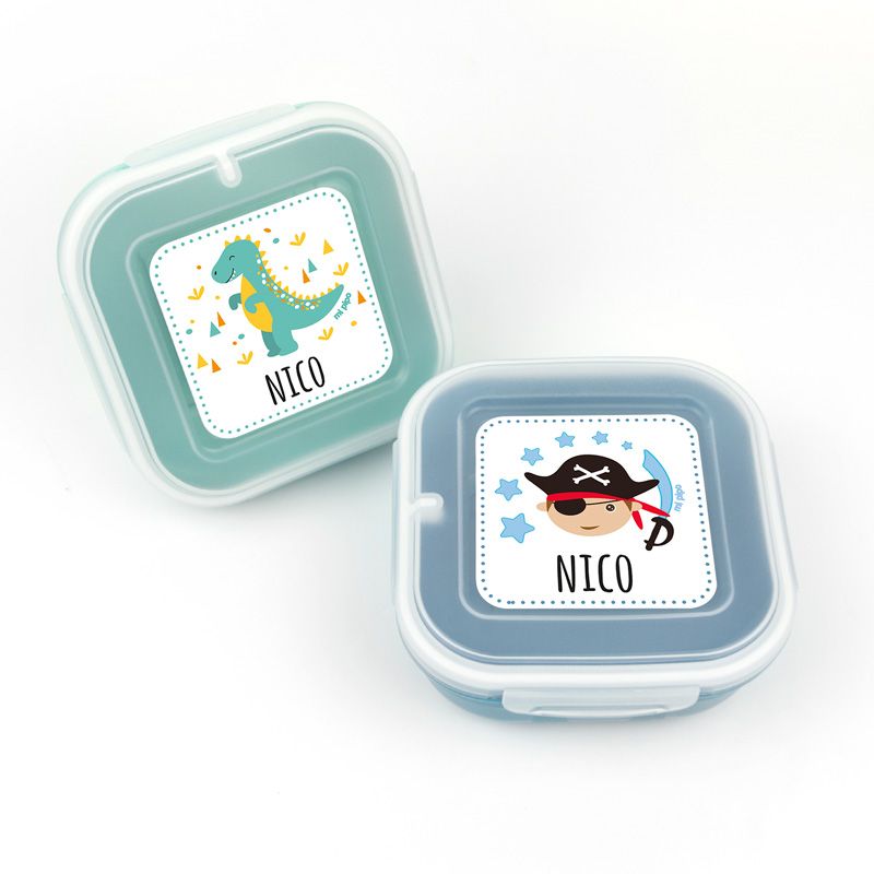Pack 2 Fiambreras herméticas personalizadas, Dino y Pirata, color Menta y Azul - Mikeko
