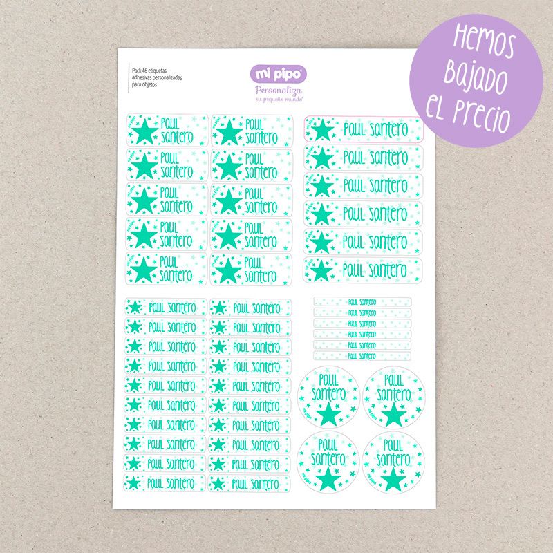 Pack 46 etiquetas adhesivas personalizadas para objetos Estrella menta
