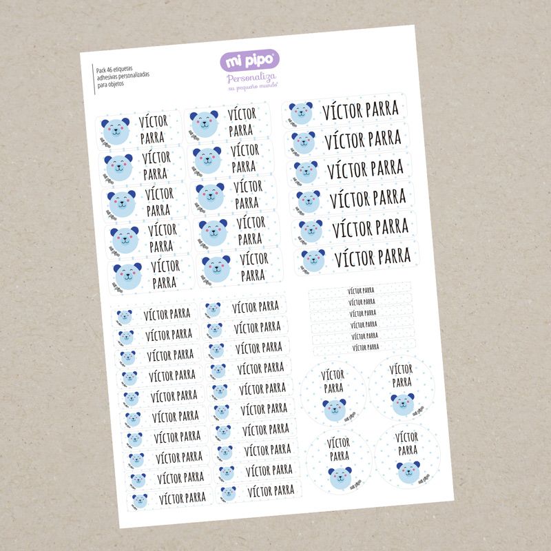 Pack 46 etiquetas adhesivas personalizadas para objetos Osito Azul