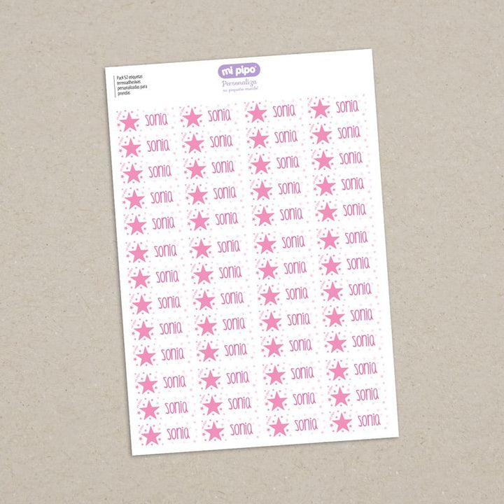 Pack 52 etiquetas termoadhesivas personalizadas para prendas Estrella rosa