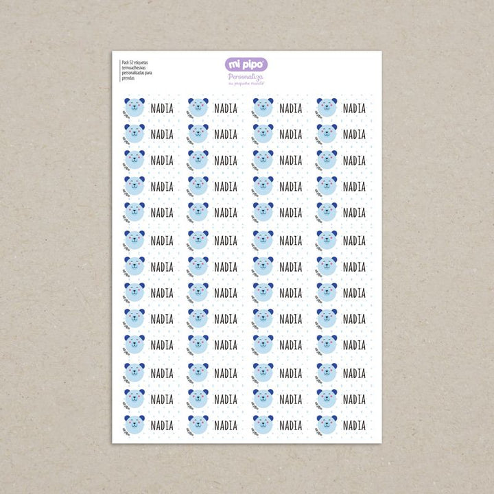 Pack 52 etiquetas termoadhesivas personalizadas para prendas Osito Azul