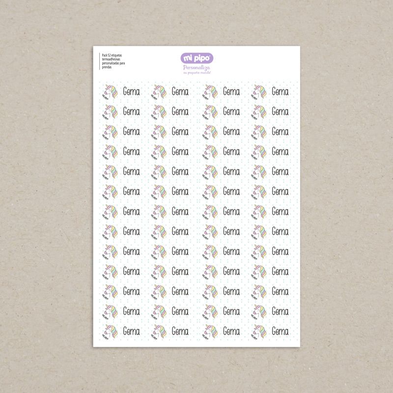 Pack 52 etiquetas termoadhesivas personalizadas para prendas Unicornio