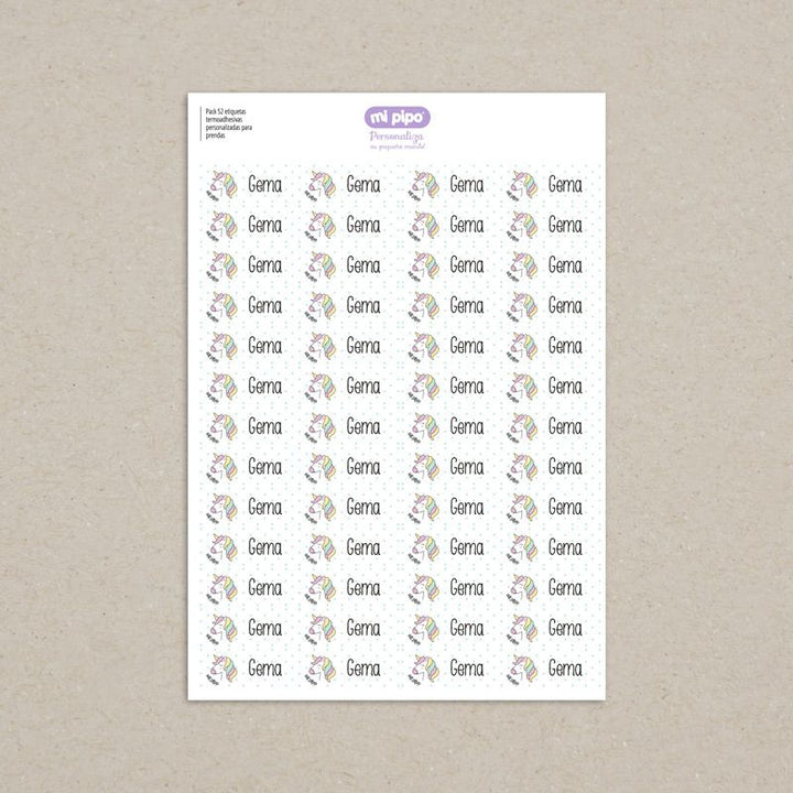 Pack 52 etiquetas termoadhesivas personalizadas para prendas Unicornio