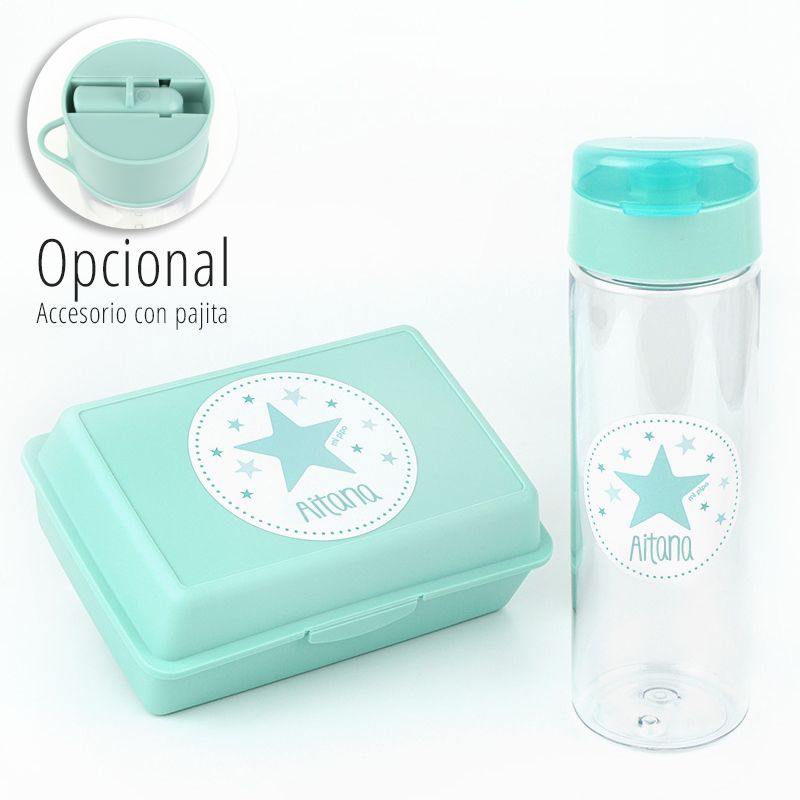 Pack Botella 600ml + Cajita Porta Alimentos Estrella Menta personalizadas
