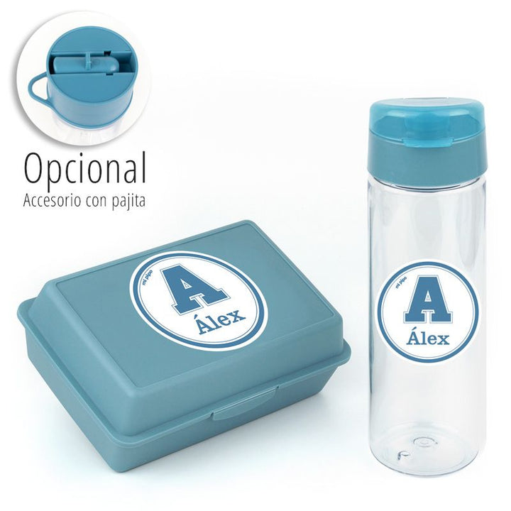 Pack Botella 600ml + Cajita Porta Alimentos School Azul personalizadas
