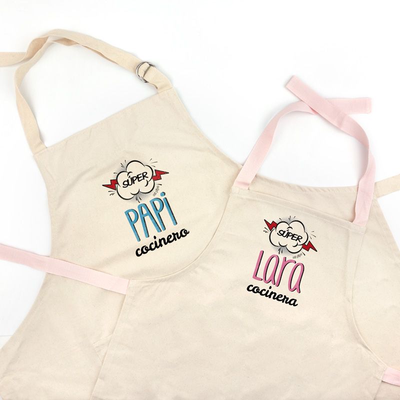 Pack Delantal Papá y Delantal Niño/a Rosa Personalizado Súper Papi y Súper (nombre) cocinero