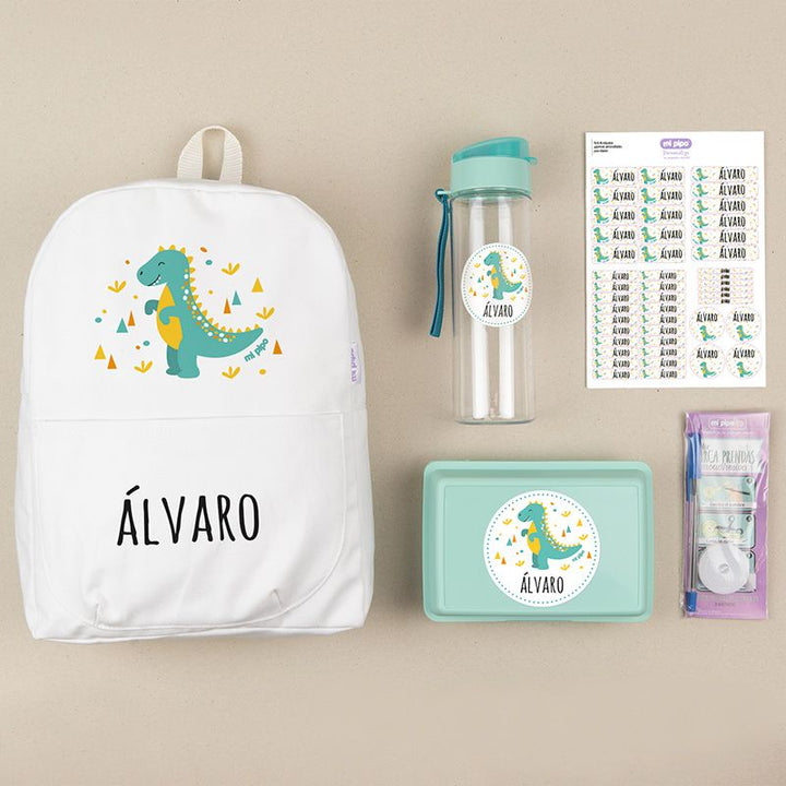 Pack Mi Equipo para el Cole con Mochila Dinosaurio personalizado + Regalo Marcaprendas