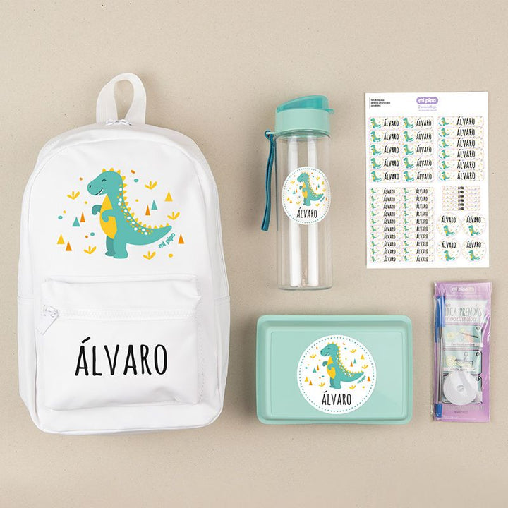 Pack Mi Equipo para el Cole con Mochila Dinosaurio personalizado + Regalo Marcaprendas