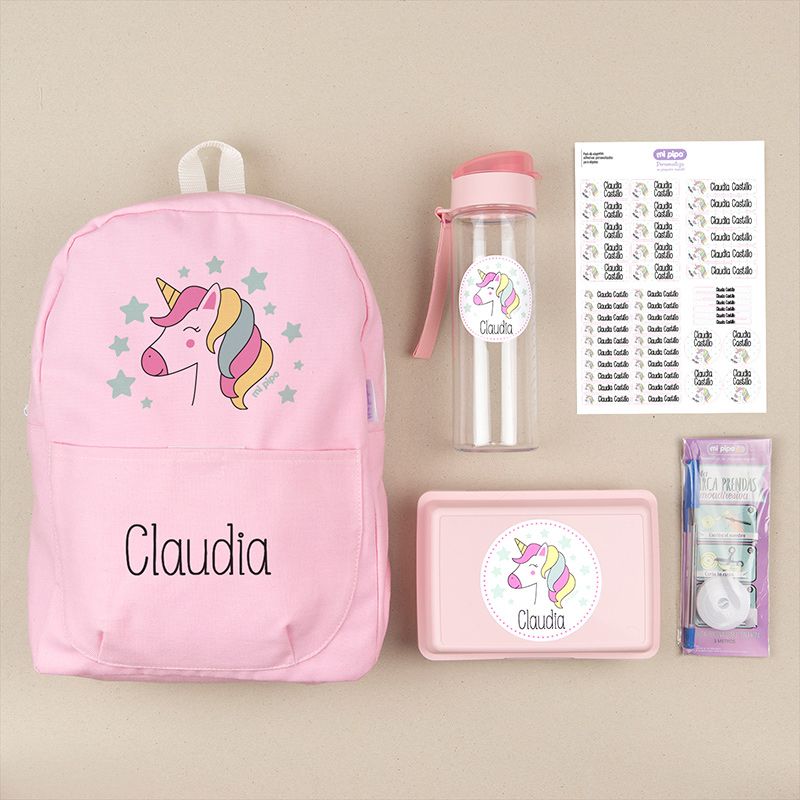 Pack Mi Equipo para el Cole con Mochila Unicornio personalizado + Regalo Marcaprendas