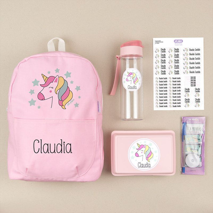 Pack Mi Equipo para el Cole con Mochila Unicornio personalizado + Regalo Marcaprendas