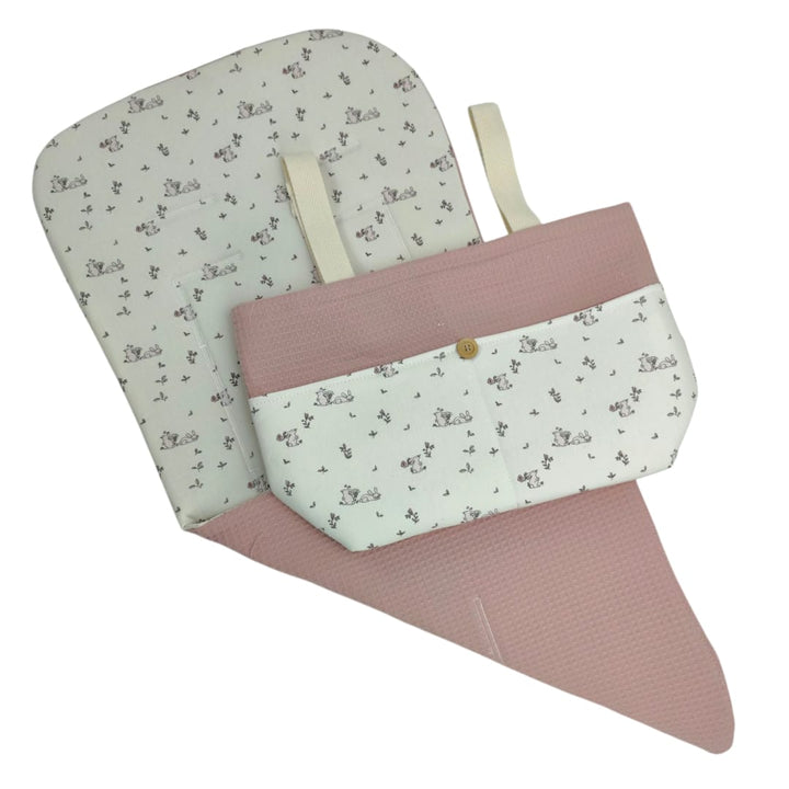 Colchoneta Reversible para silla + Bolso a juego Conejitos Rosa