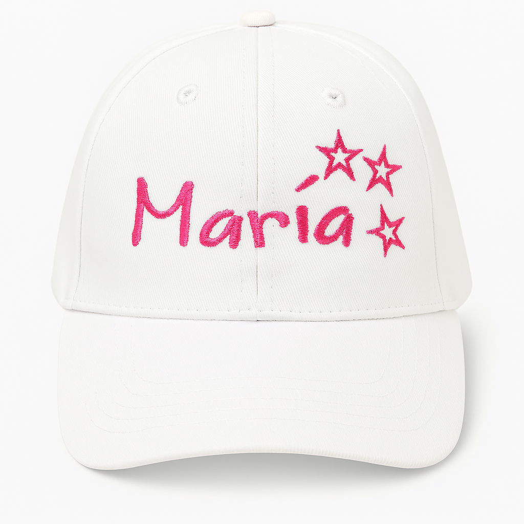 gorra blanca personalizad con nombre bordado diseño estrellas mikeko.es