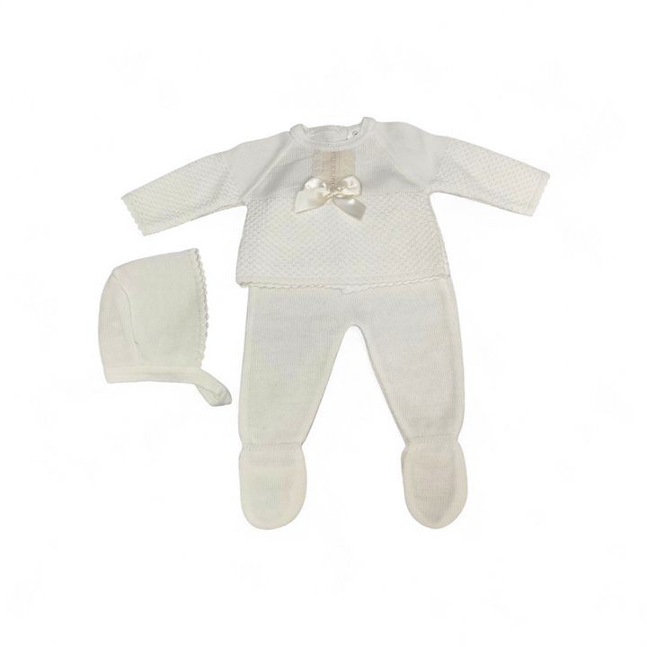 Conjunto hilo con lazo y gorro – Marfil