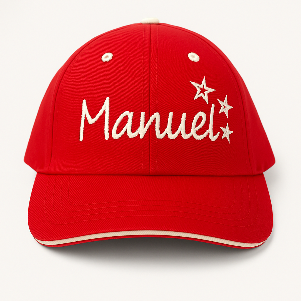 gorra roja personalizada mediante bordado con nombre y diseño estrellas mikeko.es
